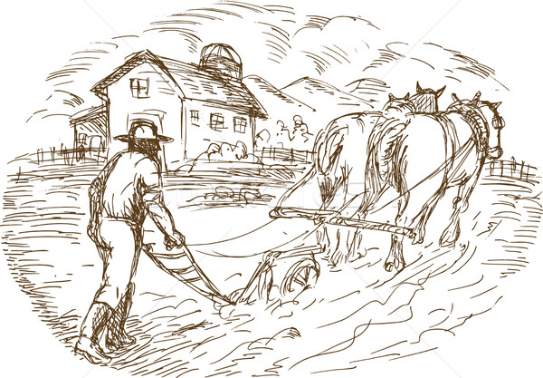 Farmer and horse plowing the field with barn farmhouse  Stock photo © patrimonio