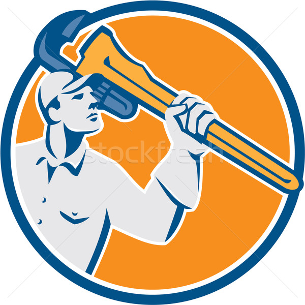 Plumber Wielding Monkey Wrench Circle Retro Stock photo © patrimonio