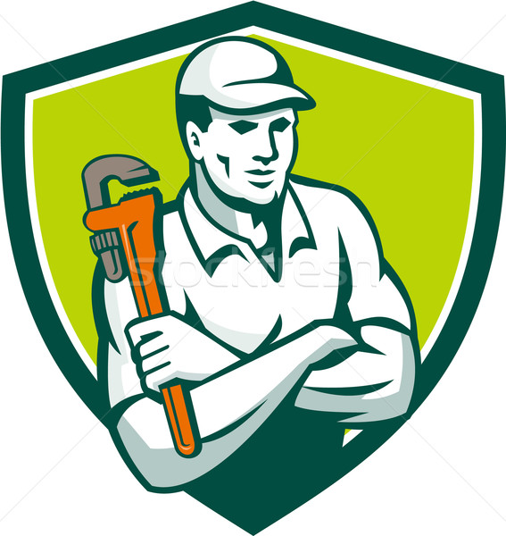 Plumber Monkey Wrench Arms Crossed Shield Retro Stock photo © patrimonio