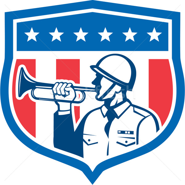 Soldier Blowing Bugle Crest Stars Retro Stock photo © patrimonio