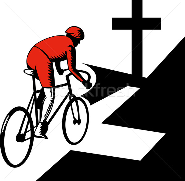 Stock photo: Cyclist racing on bicycle with cross on road