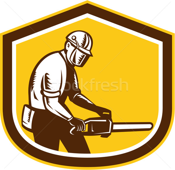 Lumberjack Operating Chainsaw Shield Retro Stock photo © patrimonio