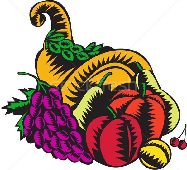 Stock photo: Cornucopia Fruit Harvest Woodcut