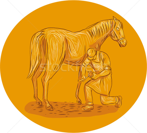 Farrier Placing Shoe on Horse Hoof Circle Drawing Stock photo © patrimonio