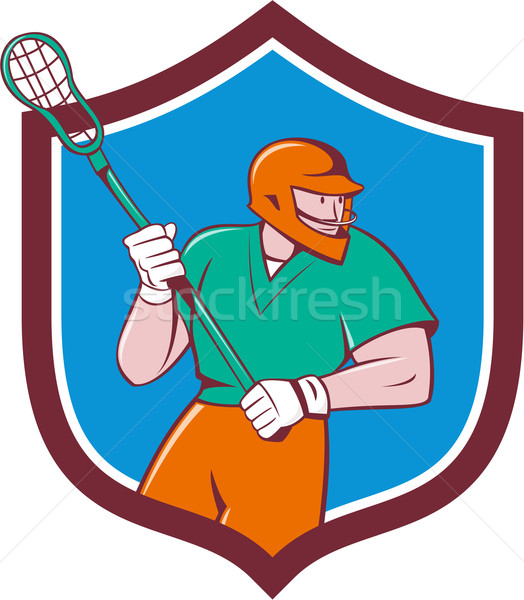 Lacrosse jugador palo ejecutando escudo Cartoon Foto stock © patrimonio