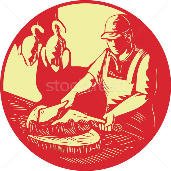 Chinese Cook Chop Meat Oval Circle Woodcut Stock photo © patrimonio