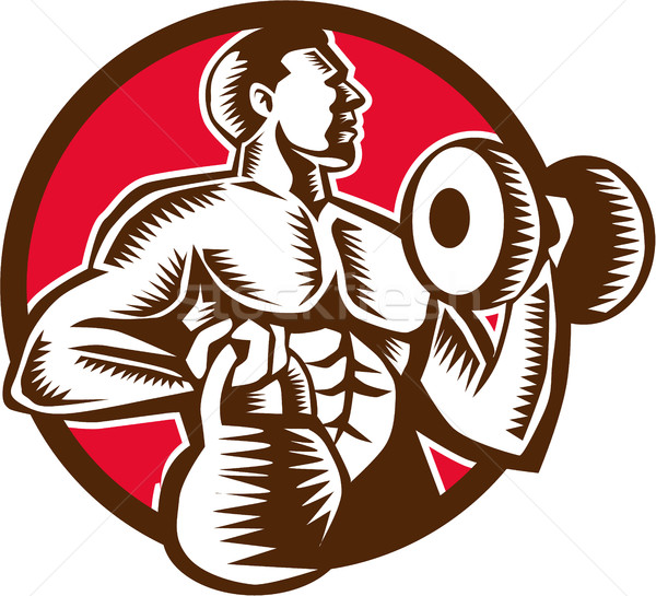 Athlete Lifting Kettlebell Dumbbell Circle Woodcut Stock photo © patrimonio