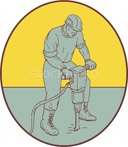 Construction Worker Operating Jackhammer Oval Drawing Stock photo © patrimonio