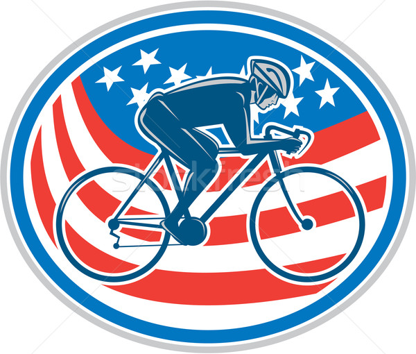 Ciclista equitazione mountain bike bandiera americana ovale illustrazione Foto d'archivio © patrimonio
