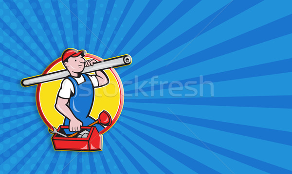 Stock photo: Plumber With Pipe Toolbox Cartoon