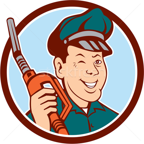 Gas Attendant Nozzle Winking Circle Cartoon Stock photo © patrimonio