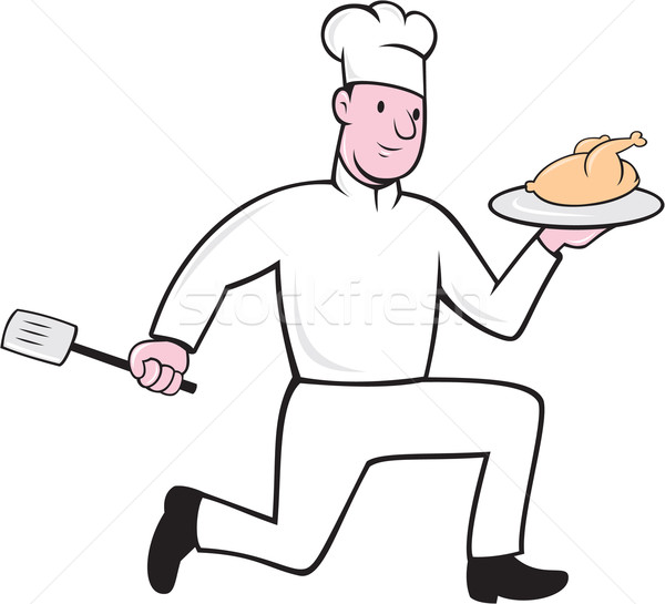 Foto stock: Chef · pollo · espátula · ejecutando · Cartoon · ilustración
