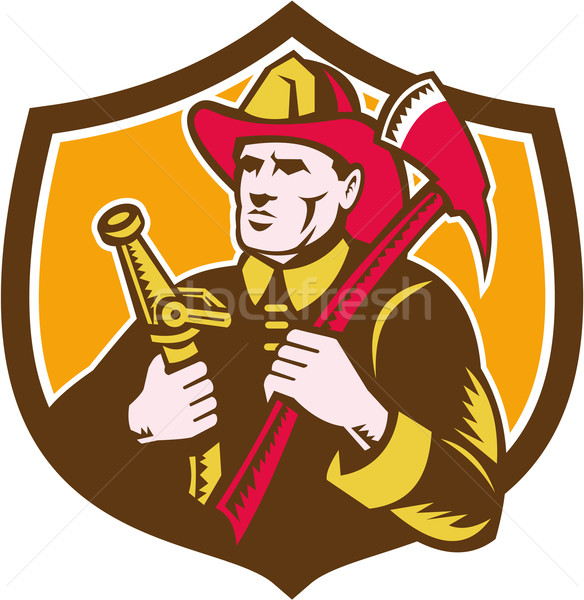 Fireman Firefighter  Axe Hose Crest Woodcut Stock photo © patrimonio