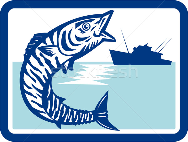 ストックフォト: 魚 · ジャンプ · 漁船 · 長方形 · レトロな · 実例