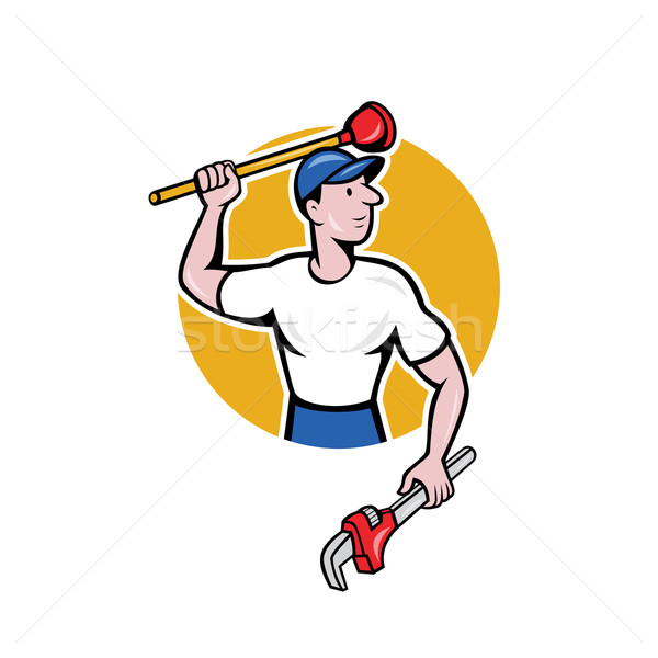Plumber Wielding Wrench Plunger Cartoon Stock photo © patrimonio