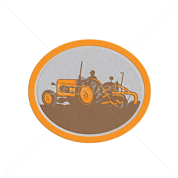 Metallic Vintage Farm Tractor Farmer Plowing Oval Retro Stock photo © patrimonio