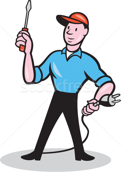 Elektriker halten Schraubendreher Plug Karikatur Illustration Stock foto © patrimonio