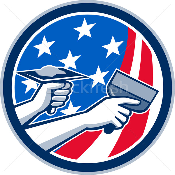 Amerykański płyt gipsowo-kartonowych naprawy usługi banderą kółko Zdjęcia stock © patrimonio