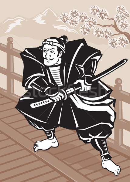 Japonês samurai guerreiro espada ponte ilustração Foto stock © patrimonio