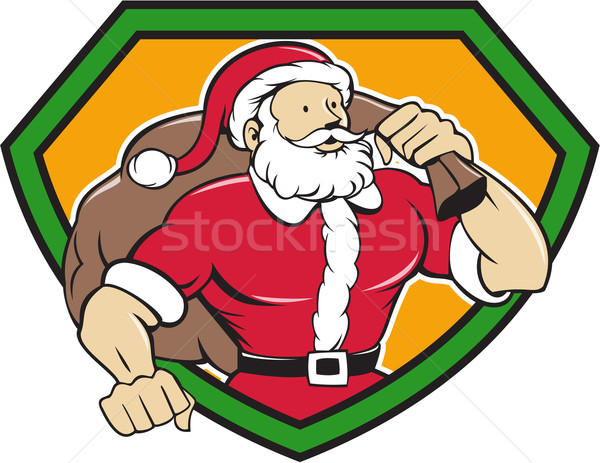 Super Santa Claus Carrying Sack Shield Cartoon Stock photo © patrimonio