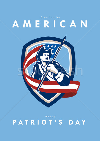 Patriots Day Greeting Card American Patriot Soldier Waving Flag Shield Stock photo © patrimonio