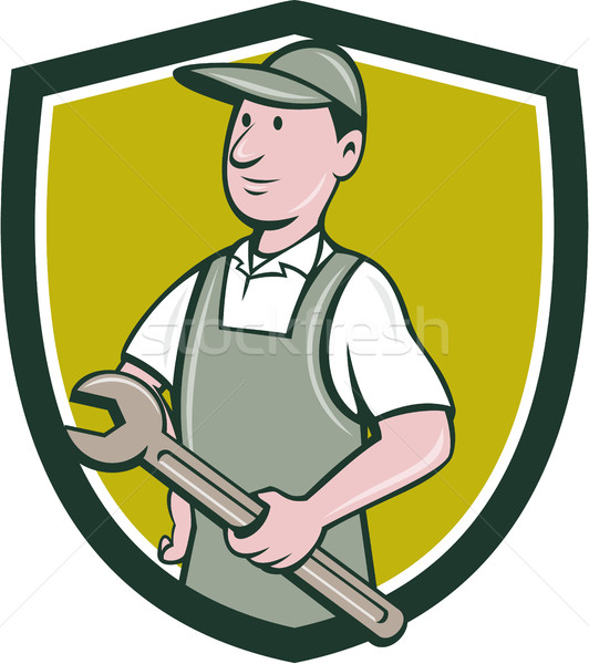 Stock photo: Repairman Holding Spanner Crest Cartoon 