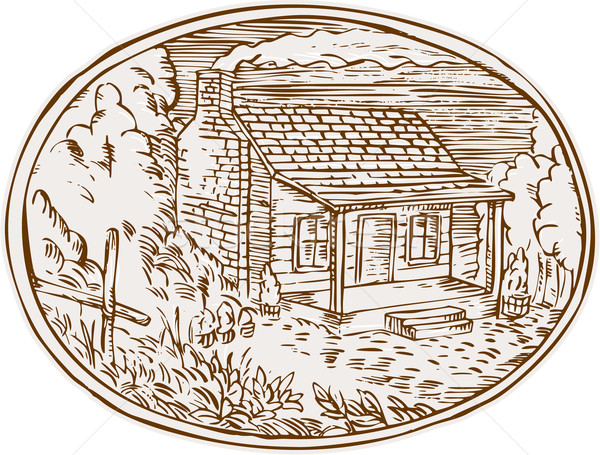 Log Cabin Farm House Oval Etching Stock photo © patrimonio