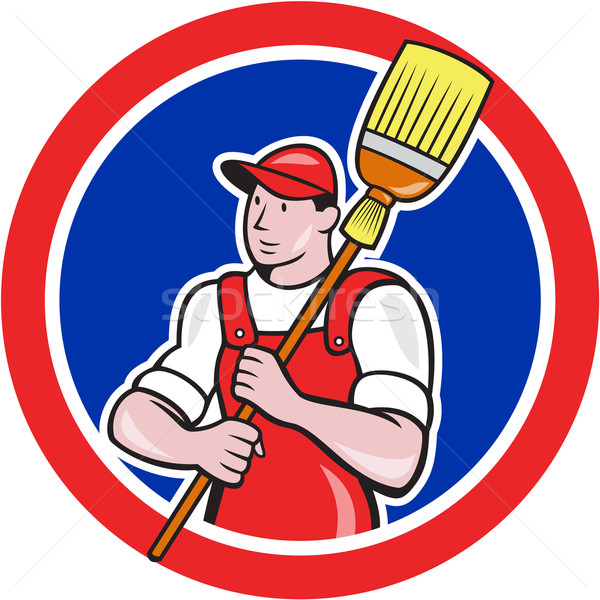 Hausmeister sauberer halten Besen Kreis Karikatur Stock foto © patrimonio