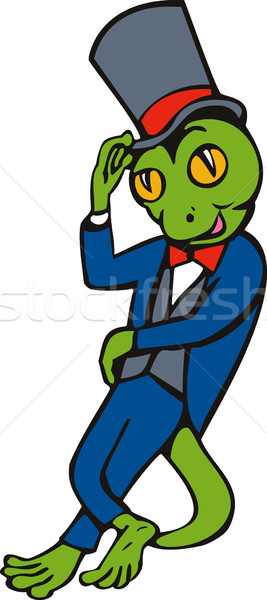 Gecko standing with arm leaning tipping top hat Stock photo © patrimonio