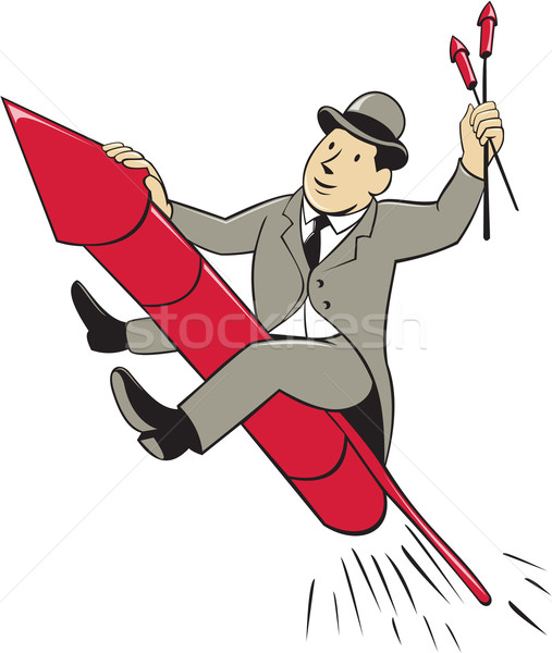 Man Bowler Hat Riding Fireworks Rocket Cartoon Stock photo © patrimonio