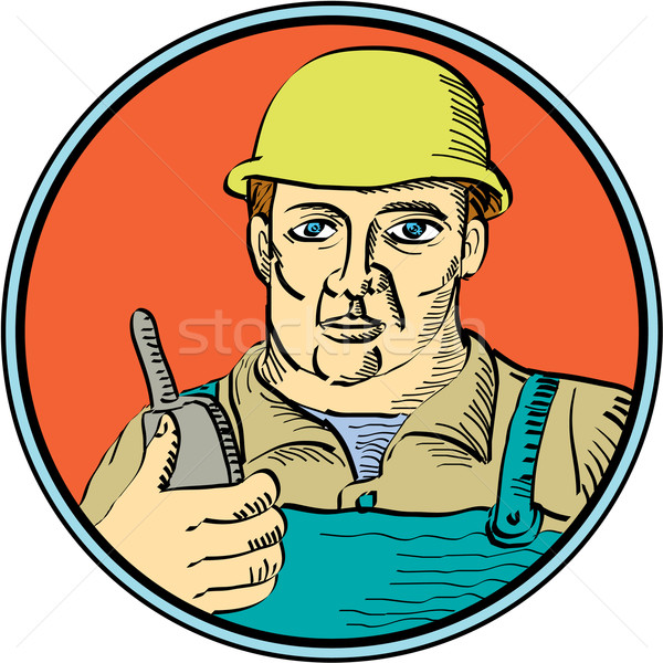 Builder Carpenter Holding Radio Phone Circle Retro Stock photo © patrimonio