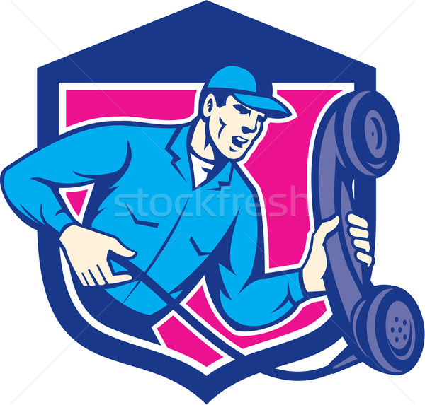 Stock photo: Telephone Repairman Holding Phone Shield Retro