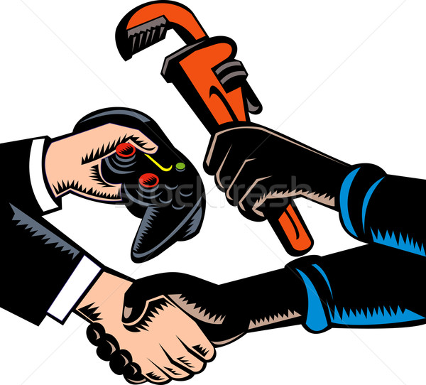 Handshake barter playstation controller for plumbing wrench in colour Stock photo © patrimonio