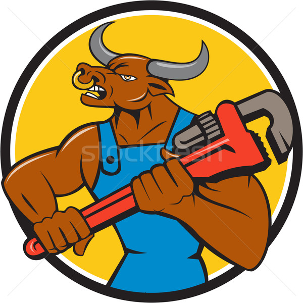 Stock photo: Minotaur Bull Plumber Wrench Circle Cartoon