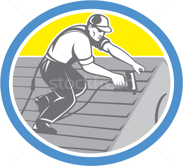 Dachdecker Arbeitnehmer Kreis Retro Illustration Bauarbeiter Stock foto © patrimonio