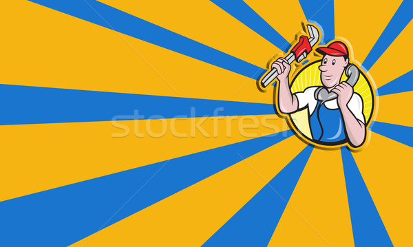 Klempner Arbeitnehmer verstellbarer Schraubenschlüssel Telefon Karikatur Illustration Stock foto © patrimonio