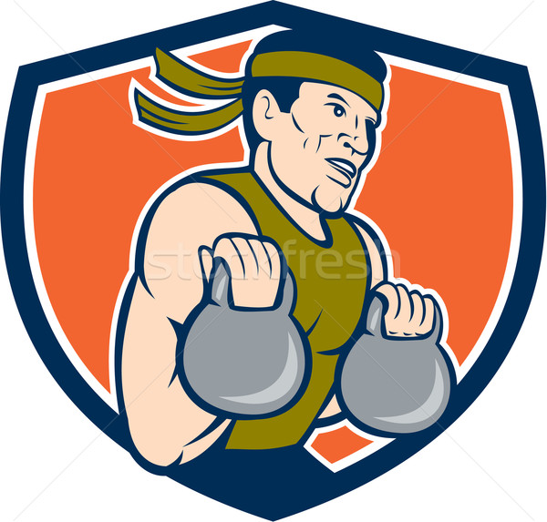Stock photo: Strongman Lifting Kettlebell Crest Cartoon