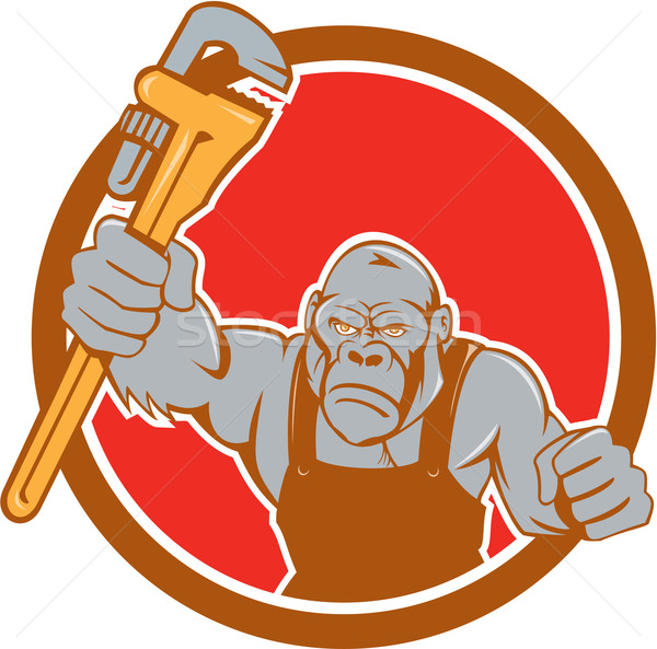 Angry Gorilla Plumber Monkey Wrench Circle Cartoon Stock photo © patrimonio