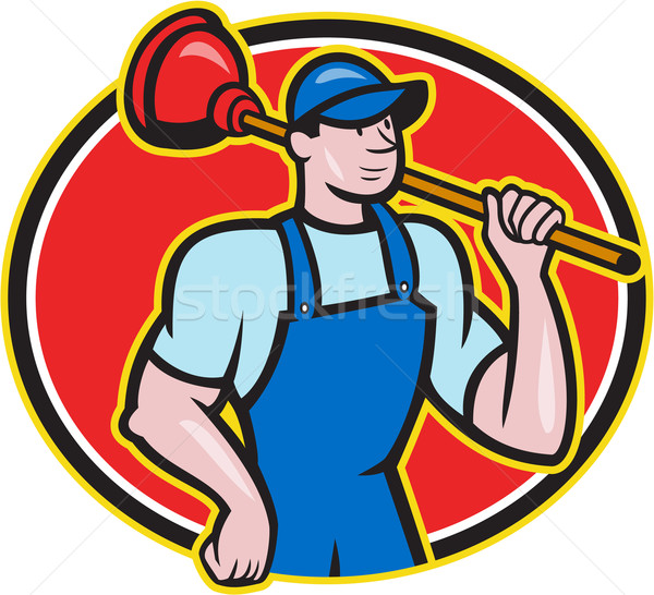 Stock photo: Plumber Holding Plunger Cartoon