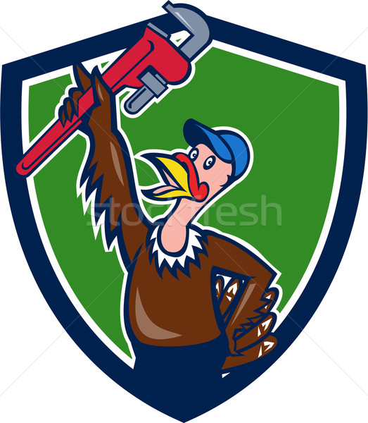 Turkey Plumber Raising Wrench Shield Cartoon Stock photo © patrimonio