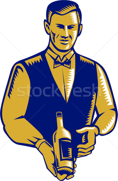 Waiter Presenting Wine Bottle Woodcut Stock photo © patrimonio