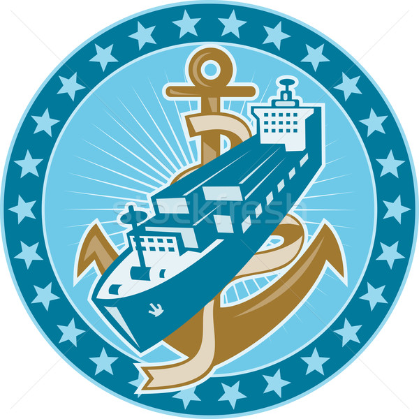 Containerschip vracht boot anker illustratie retro-stijl Stockfoto © patrimonio