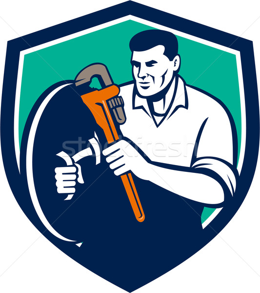 Plumber Brandishing Wrench Shield Retro Stock photo © patrimonio