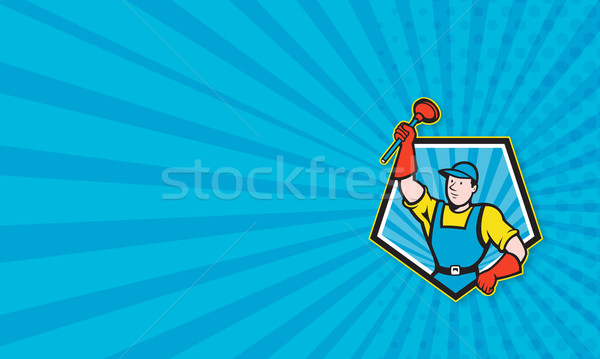 Stock photo: Super Plumber Wielding Plunger Pentagon Cartoon