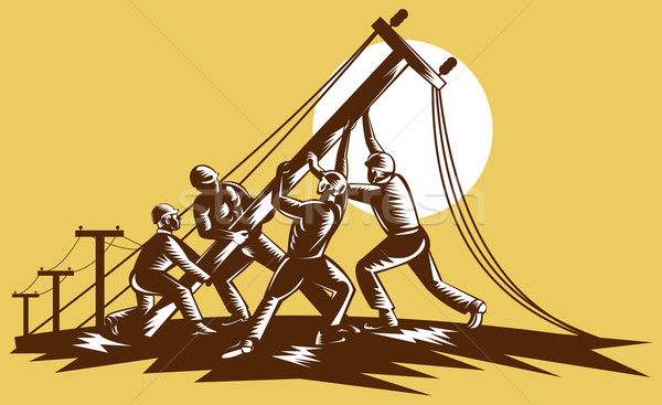 Linemen raising up electricity post Stock photo © patrimonio