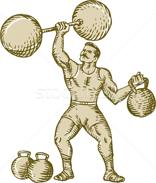 Strongman Lifting Barbell Kettlebell Etching Stock photo © patrimonio