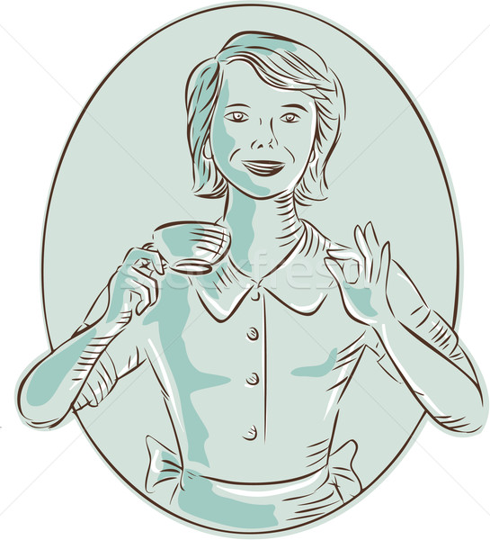 Housewife Drinking Cup of Coffee Etching Stock photo © patrimonio