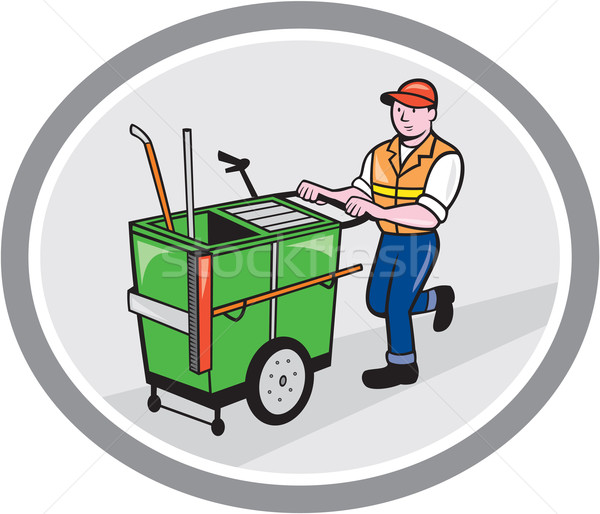 Street Cleaner Pushing Trolley Oval Cartoon Stock photo © patrimonio