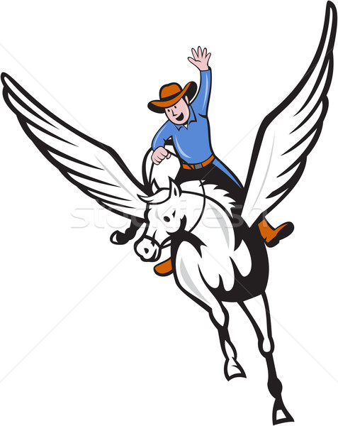 Stock photo: Cowboy Riding Pegasus Flying Horse Cartoon