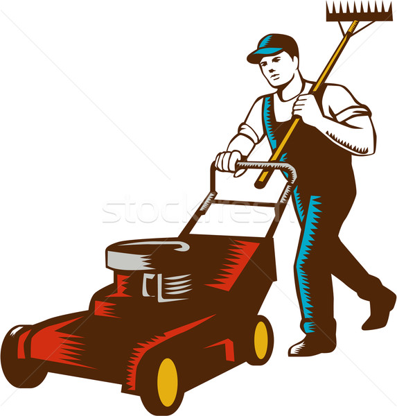 Gardener Lawn Mower Rake Woodcut Stock photo © patrimonio